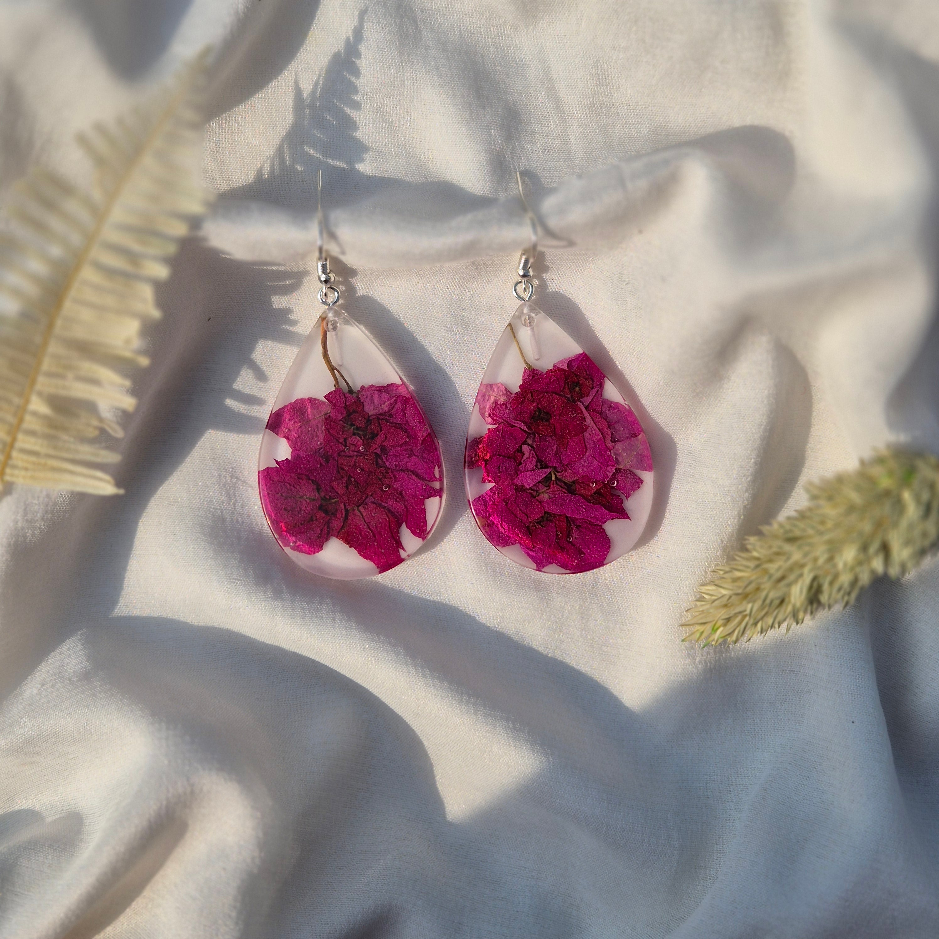 Resin Teardrop Bougainvillea Earrings