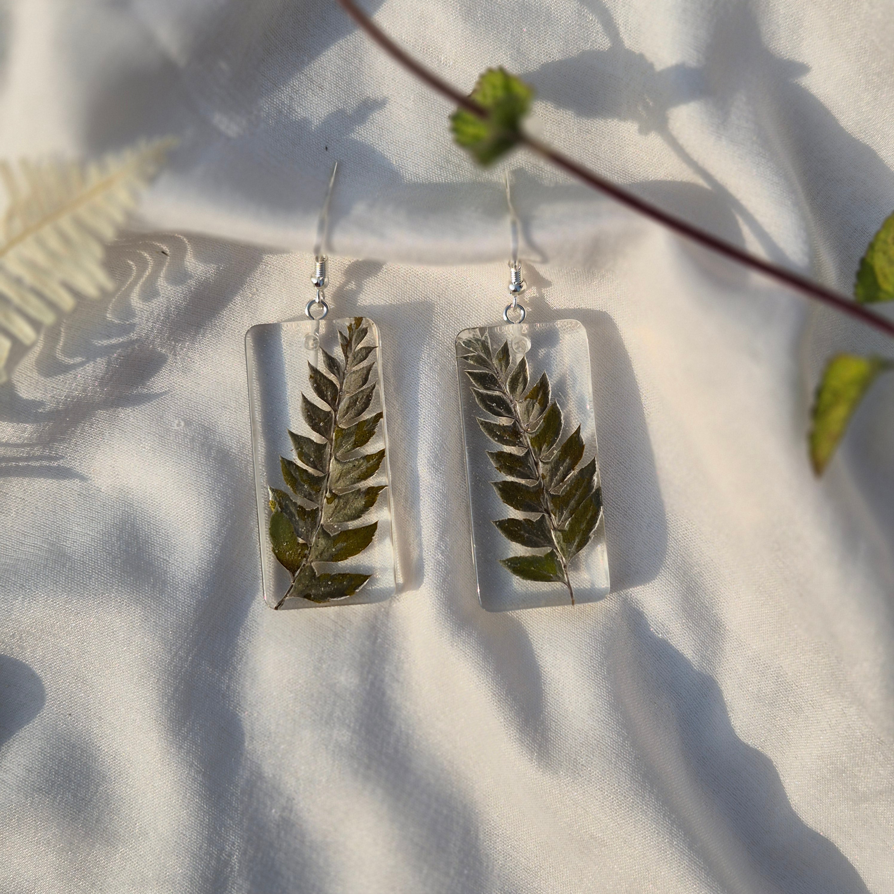 Crystal Fern Leaf Resin Rectangle Earrings