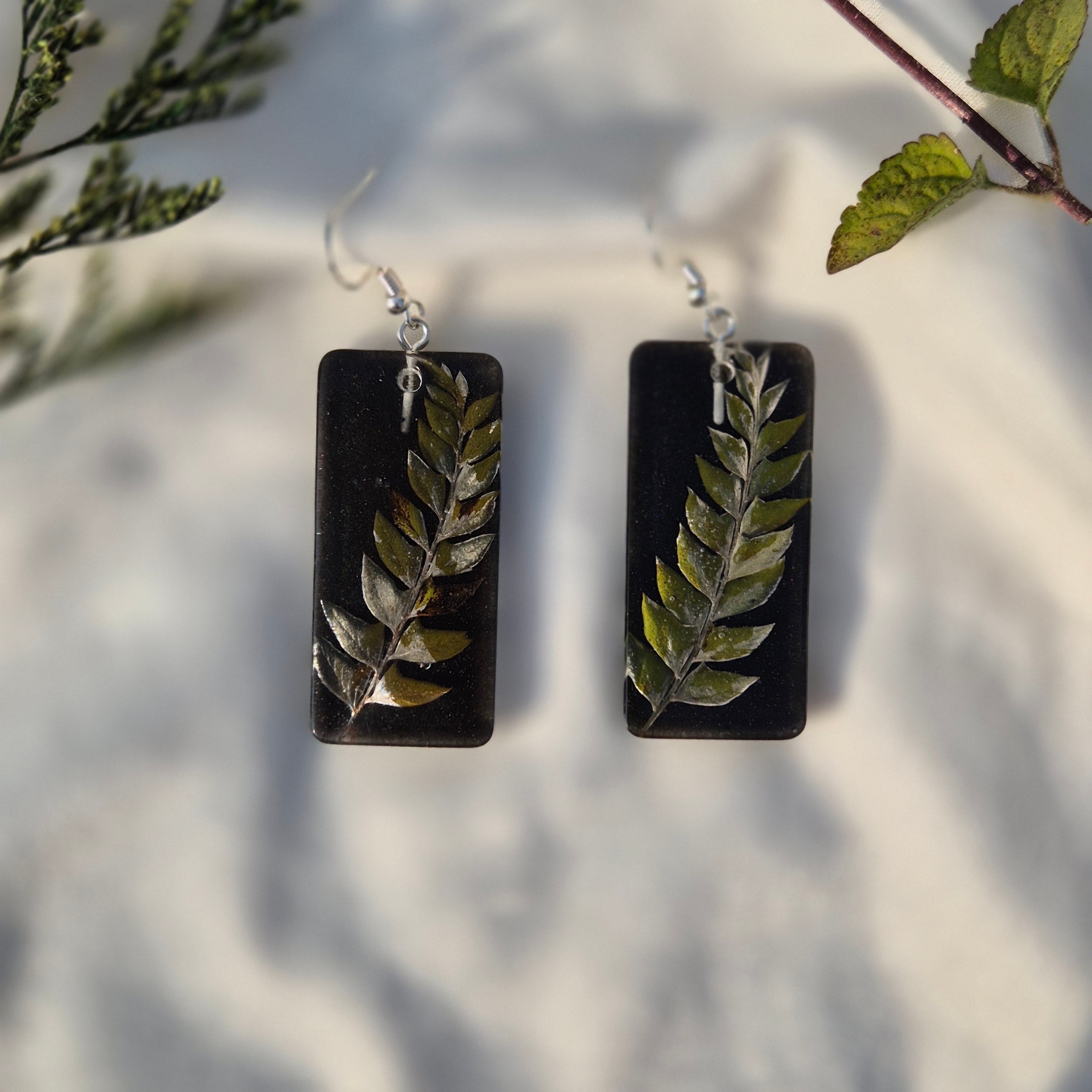 Midnight Botanical Fern Resin Rectangle Earrings