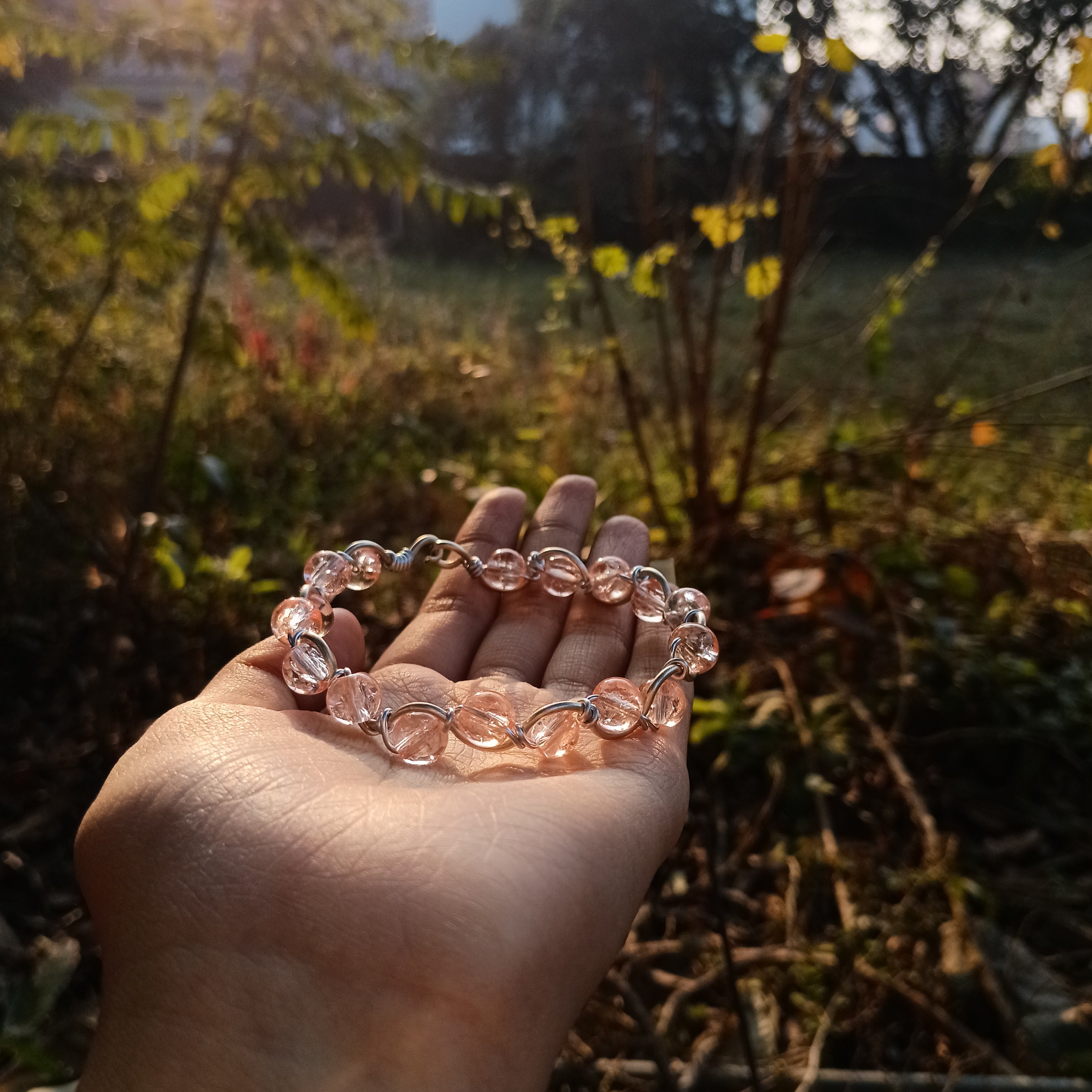 Peach Mist Resin Crystal Wire-Wrapped Bracelet