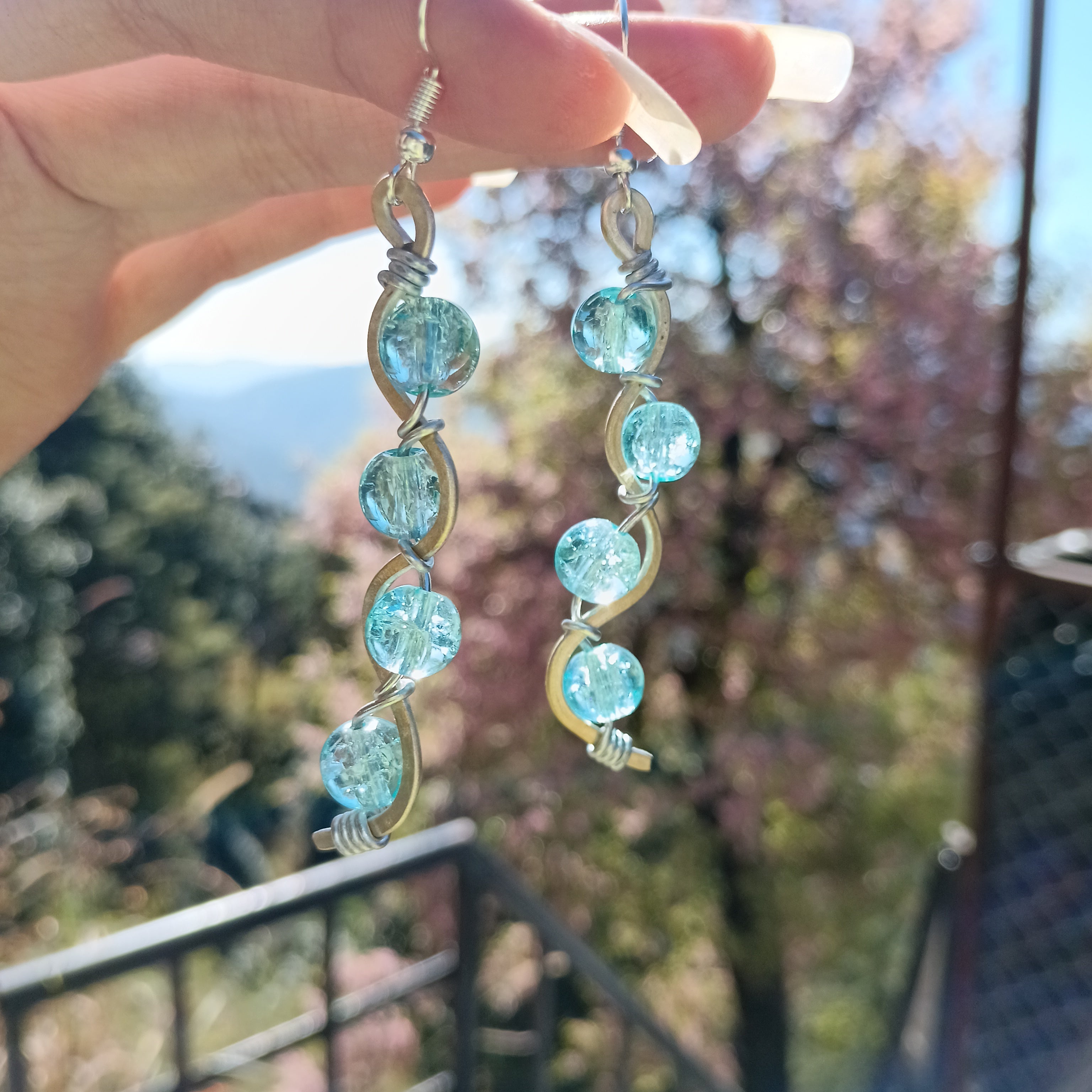 Aqua Blue Crystal Twist Wire Earrings