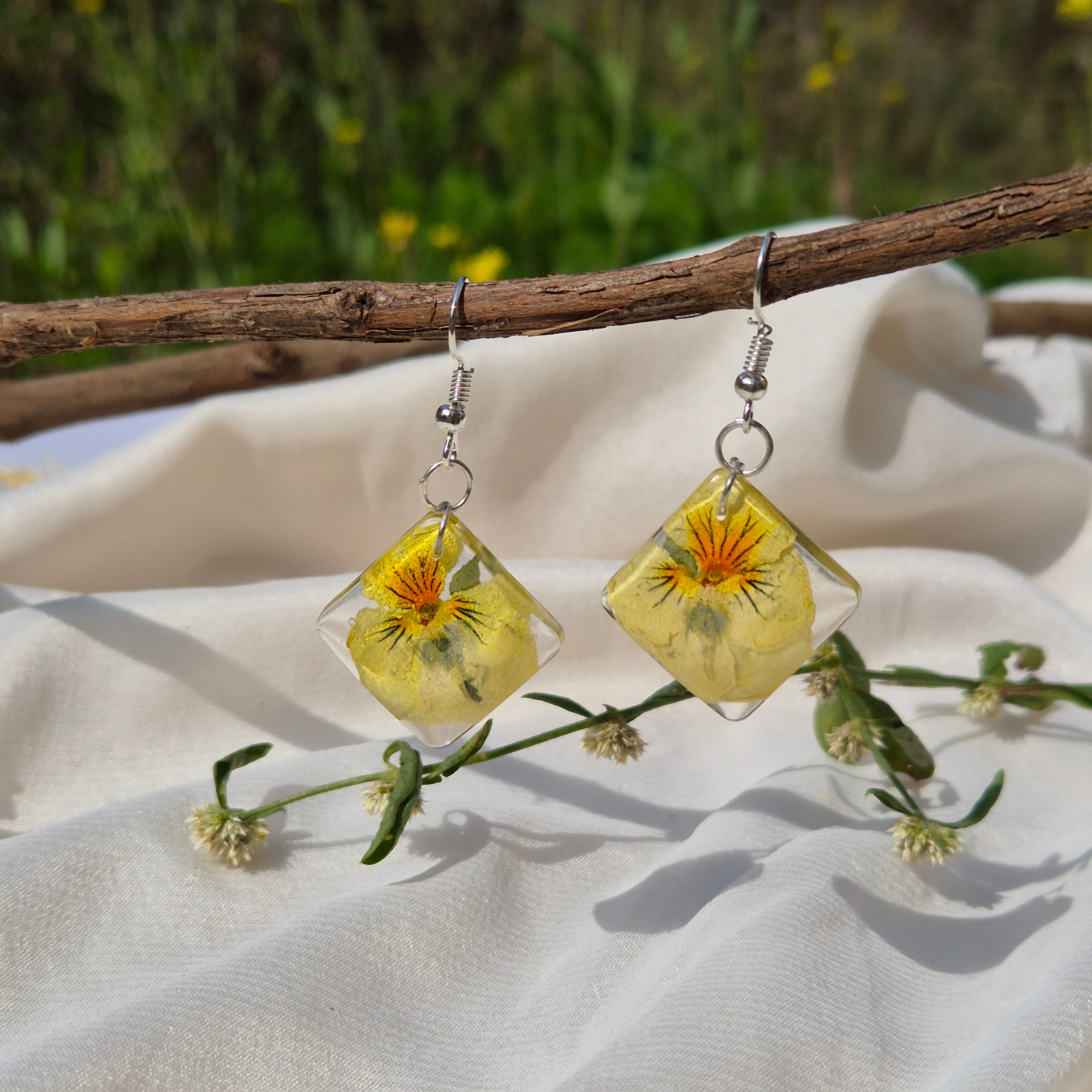Resin Yellow Pansy Diamond Drop Earrings