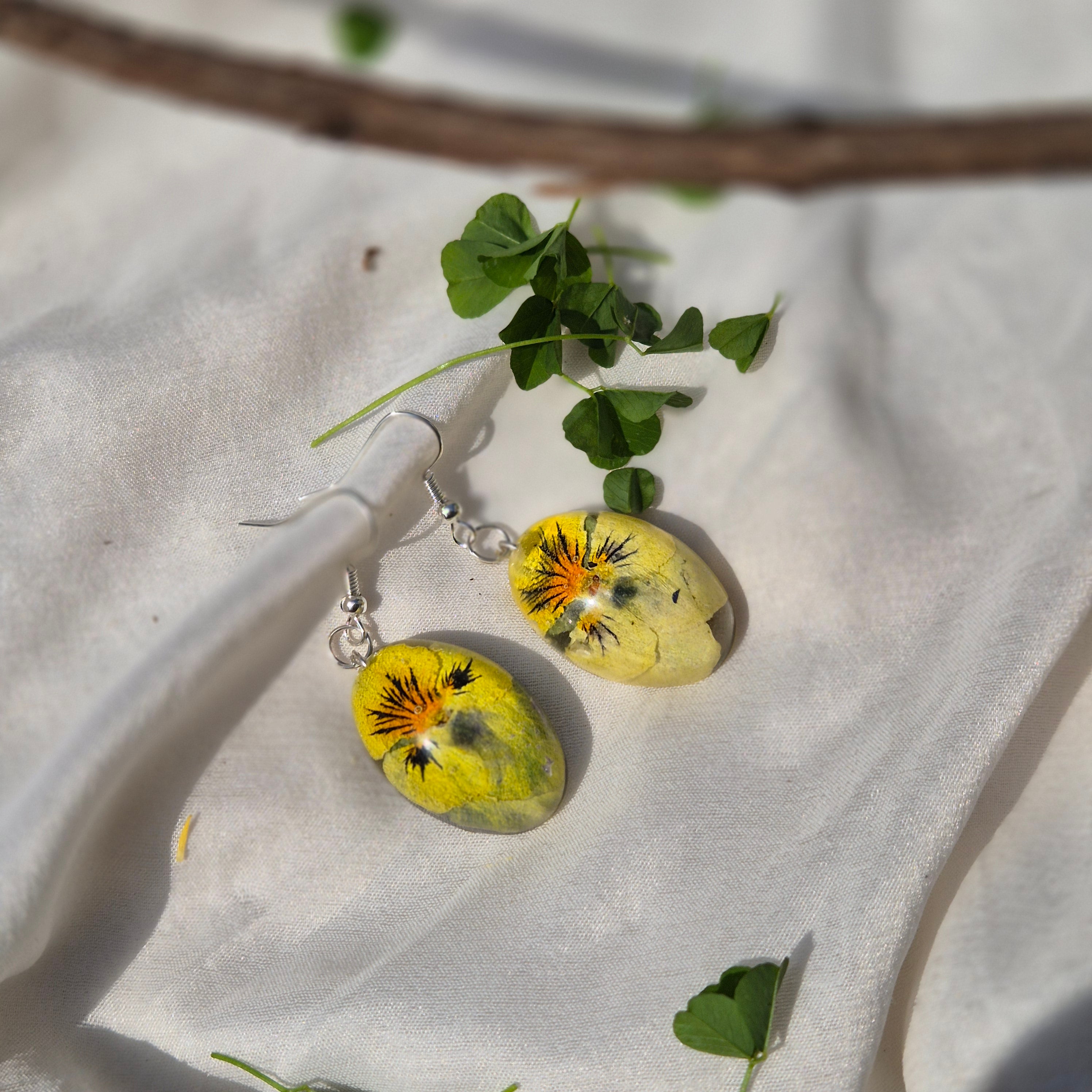 Resin Yellow Pansy Oval Earrings