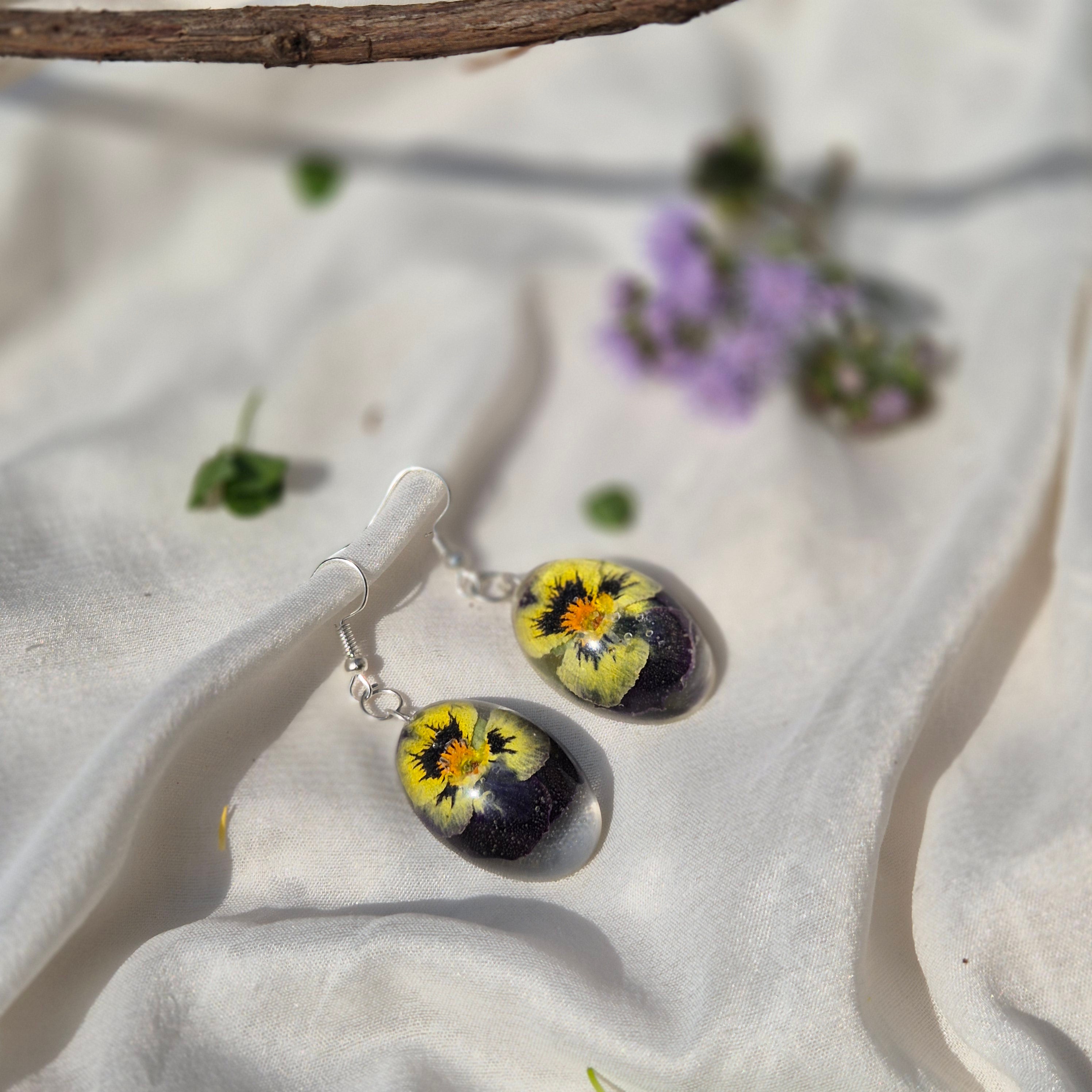 Resin Yellow Purple Pansy Oval Earrings