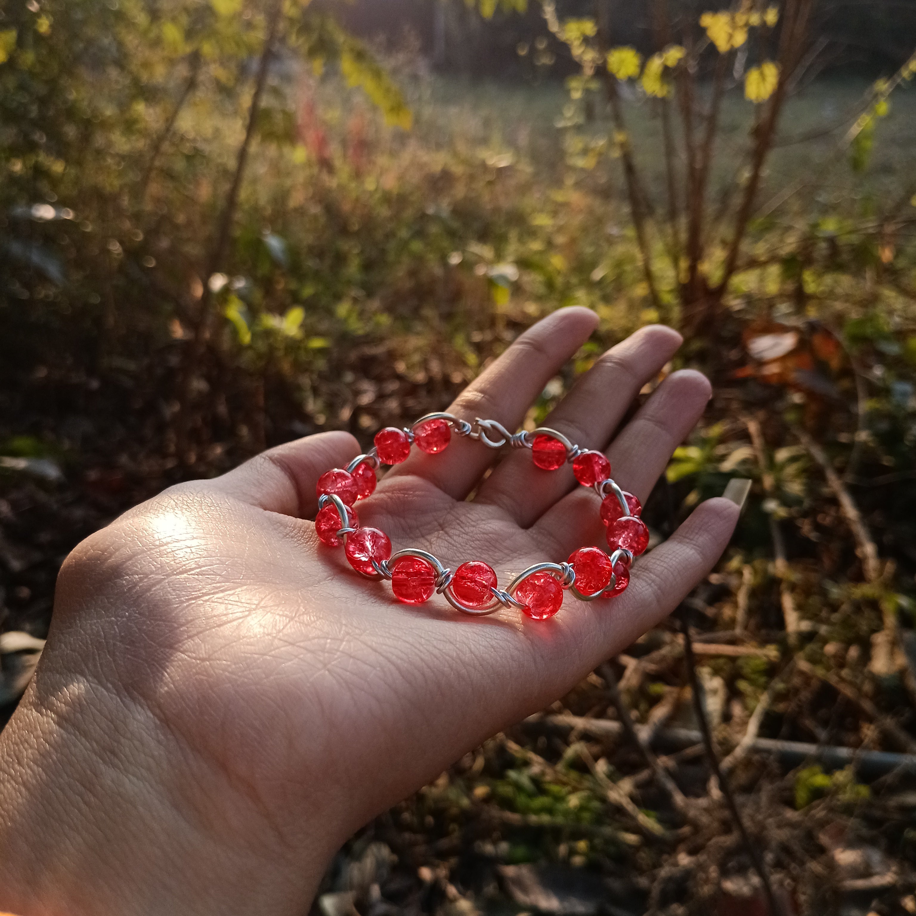Crimson Glow Resin Crystal Wire-Wrapped Bracelet