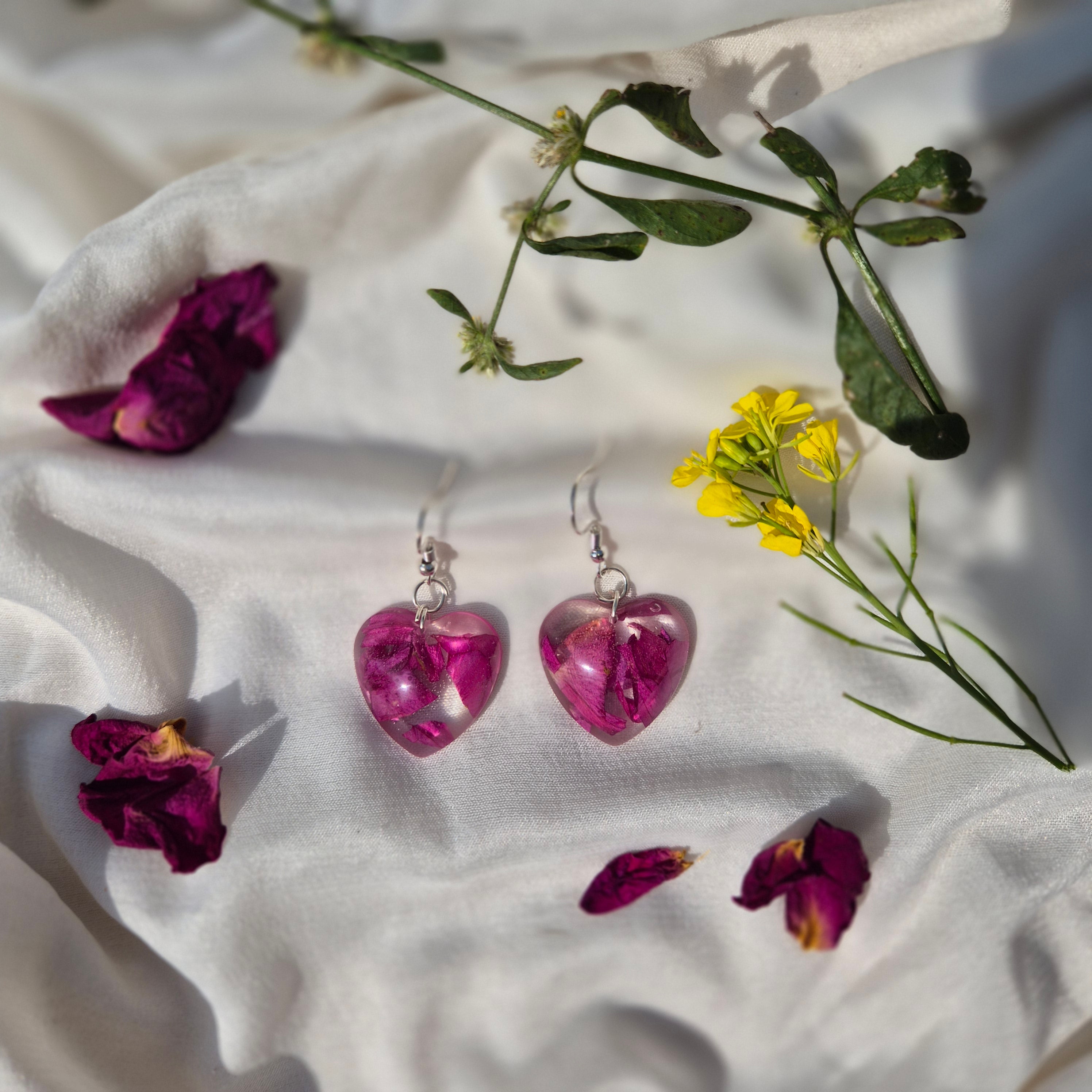 Resin Red Rose Heart Earrings